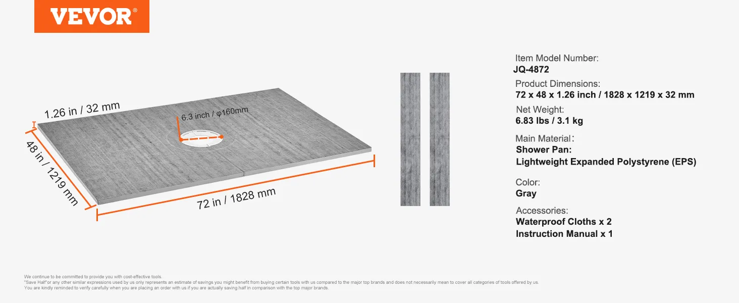 Zestaw brodzików VEVOR, model jq-4872, 72x48x1,26 cala, szary, lekki eps. Zawiera 2 wodoodporne ściereczki.