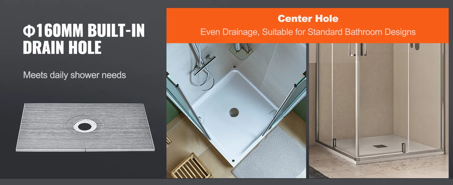 Zestaw brodzikowy VEVOR z otworem centralnym i wbudowanym odpływem o średnicy 160 mm, idealny do standardowych łazienek.