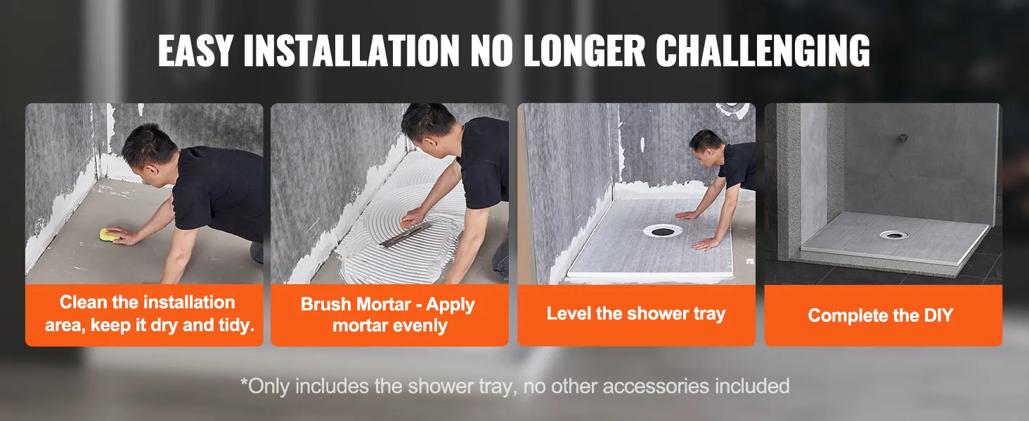 Montaż zestawu brodzika VEVOR: czyszczenie, nakładanie zaprawy, wyrównywanie brodzika, samodzielne wykonanie.