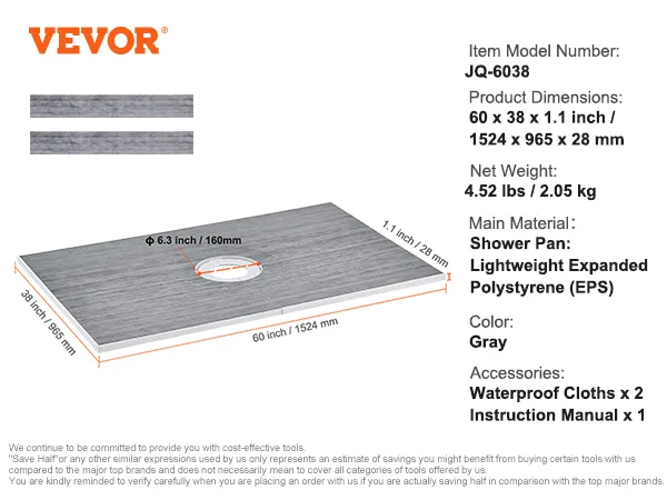 Wymiary zestawu listwy prysznicowej VEVOR: 60"x38"x1,1" (1524 x 965 x 28 mm), kolor szary, z wodoodpornymi ściereczkami i instrukcją.