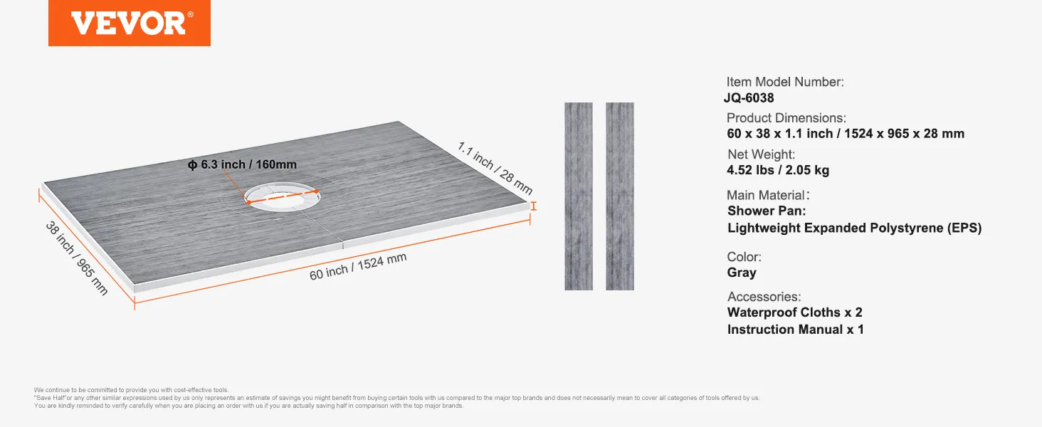 Wymiary zestawu listwy prysznicowej VEVOR: 60"x38"x1,1" (1524 x 965 x 28 mm), kolor szary, z wodoodpornymi ściereczkami i instrukcją.