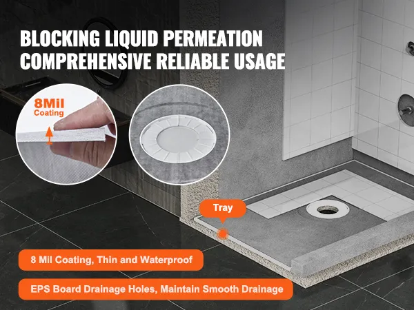 Zestaw krawędzi prysznica VEVOR z powłoką wodoodporną o grubości 8 mil i odpływem z płyty EPS zapewniającym niezawodne użytkowanie.