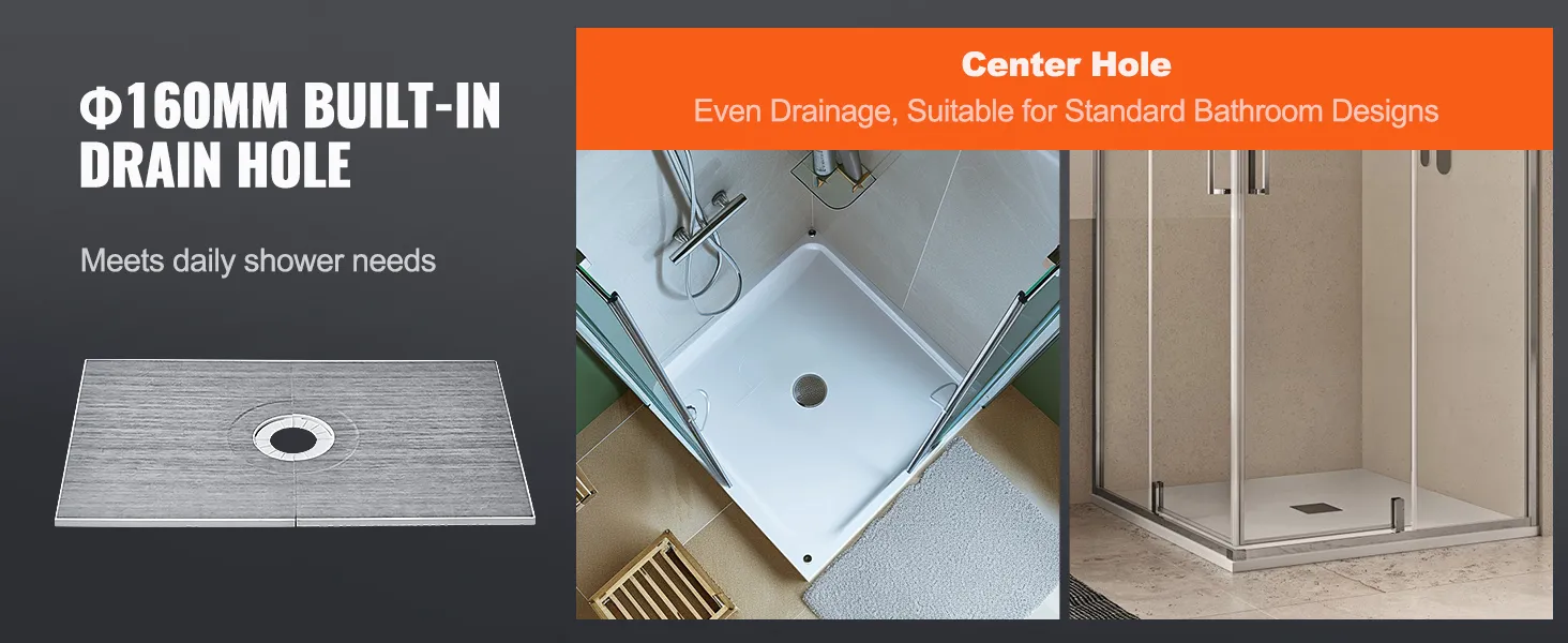 Zestaw listew prysznicowych VEVOR z wbudowanym otworem odpływowym o średnicy φ160 mm zapewniającym równomierne odprowadzanie wody, pokazany w różnych aranżacjach łazienkowych.