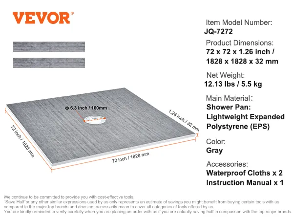 VEVOR shower curb kit: dimensions 72x72 inches, lightweight eps material, gray color, includes waterproof cloths.