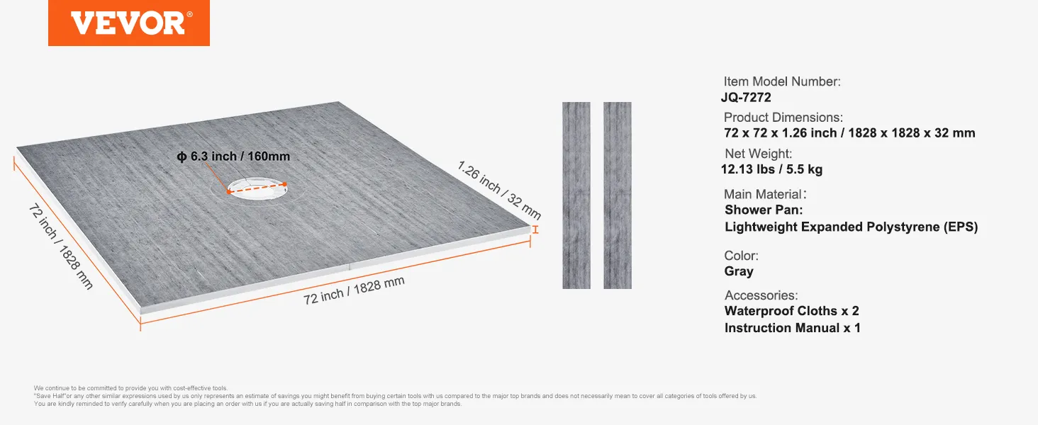 VEVOR shower curb kit: dimensions 72x72 inches, lightweight eps material, gray color, includes waterproof cloths.