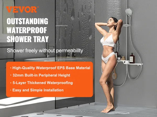 VEVOR shower curb kit ad showing waterproof shower tray and woman showering with eps base material.