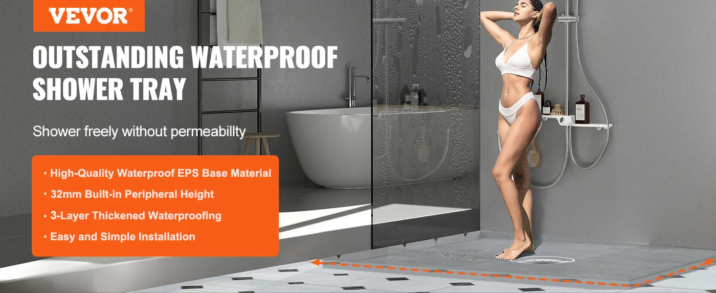 VEVOR shower curb kit ad showing waterproof shower tray and woman showering with eps base material.