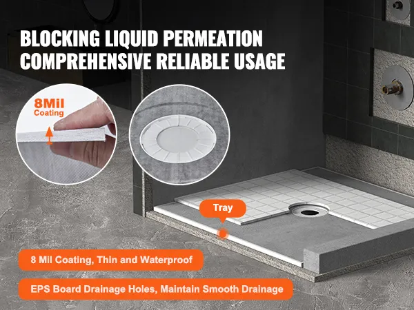 VEVOR shower curb kit installation with 8 mil coating for reliable waterproofing and smooth drainage.