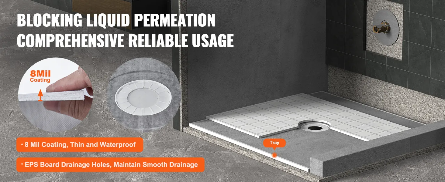 VEVOR shower curb kit installation with 8 mil coating for reliable waterproofing and smooth drainage.