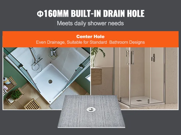 VEVOR shower curb kit with 160mm built-in drain hole, offering even drainage for standard bathrooms.