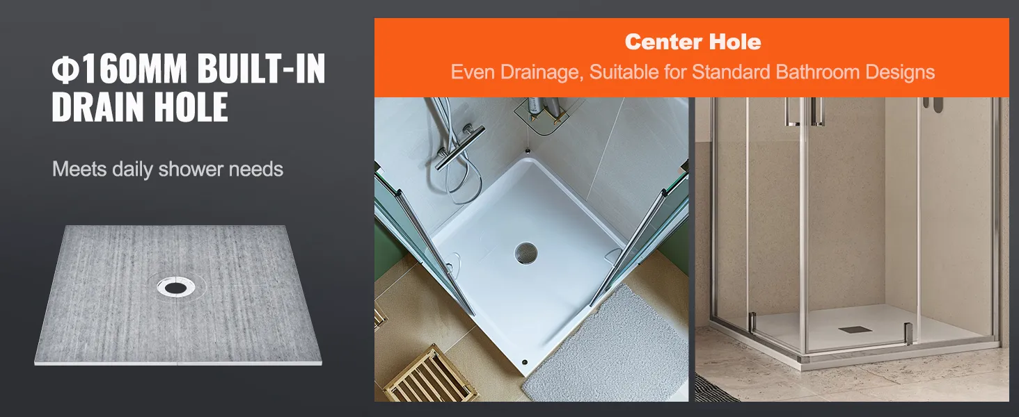 VEVOR shower curb kit with 160mm built-in drain hole, offering even drainage for standard bathrooms.