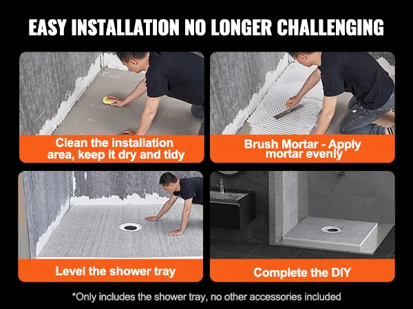 VEVOR shower curb kit sizes: 36"x36", 72"x48", 60"x38", 60"x36", 72"x72", available in sq.ft: 9, 24, 15, 15, 36.