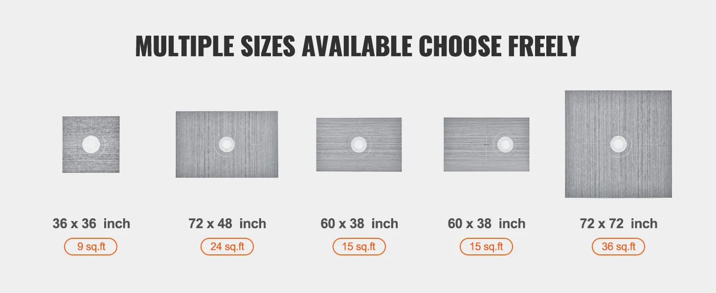 VEVOR shower curb kit sizes: 36"x36", 72"x48", 60"x38", 60"x36", 72"x72", available in sq.ft: 9, 24, 15, 15, 36.