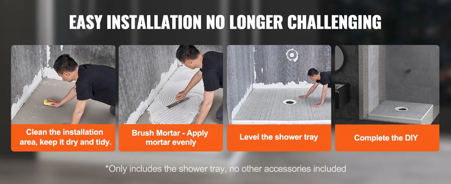 easy installation steps for VEVOR shower curb kit: clean area, brush mortar, level tray, complete diy.
