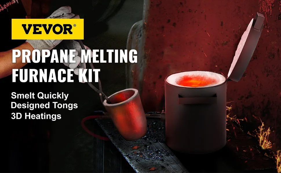 VEVOR propane melting furnace kit with open lid, glowing interior, and tongs.