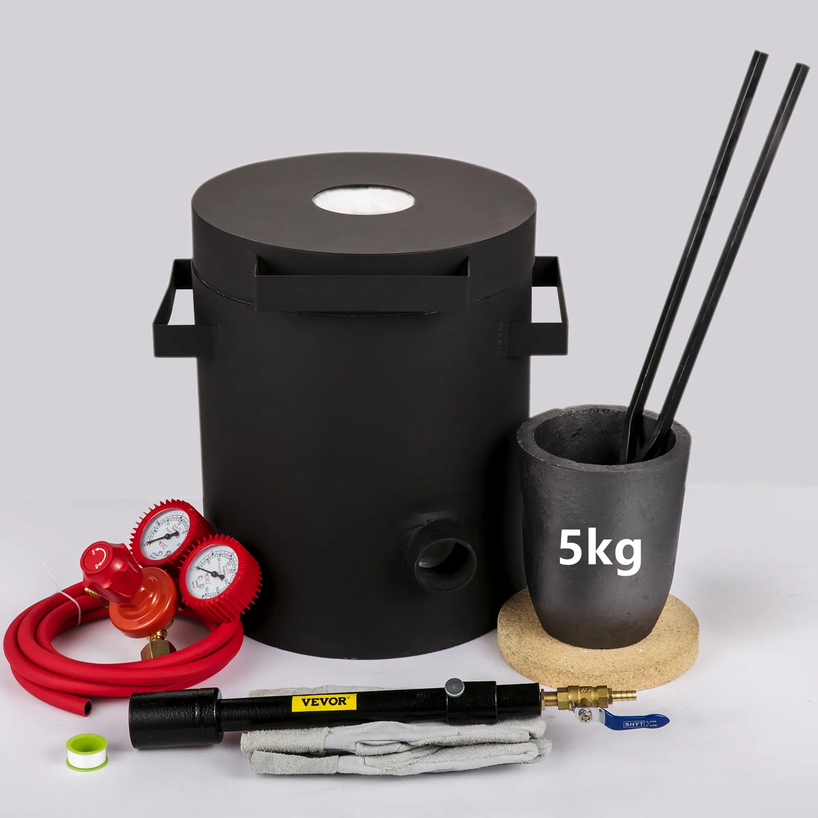 VEVOR propane melting furnace with accessories, 5kg crucible, and regulator.