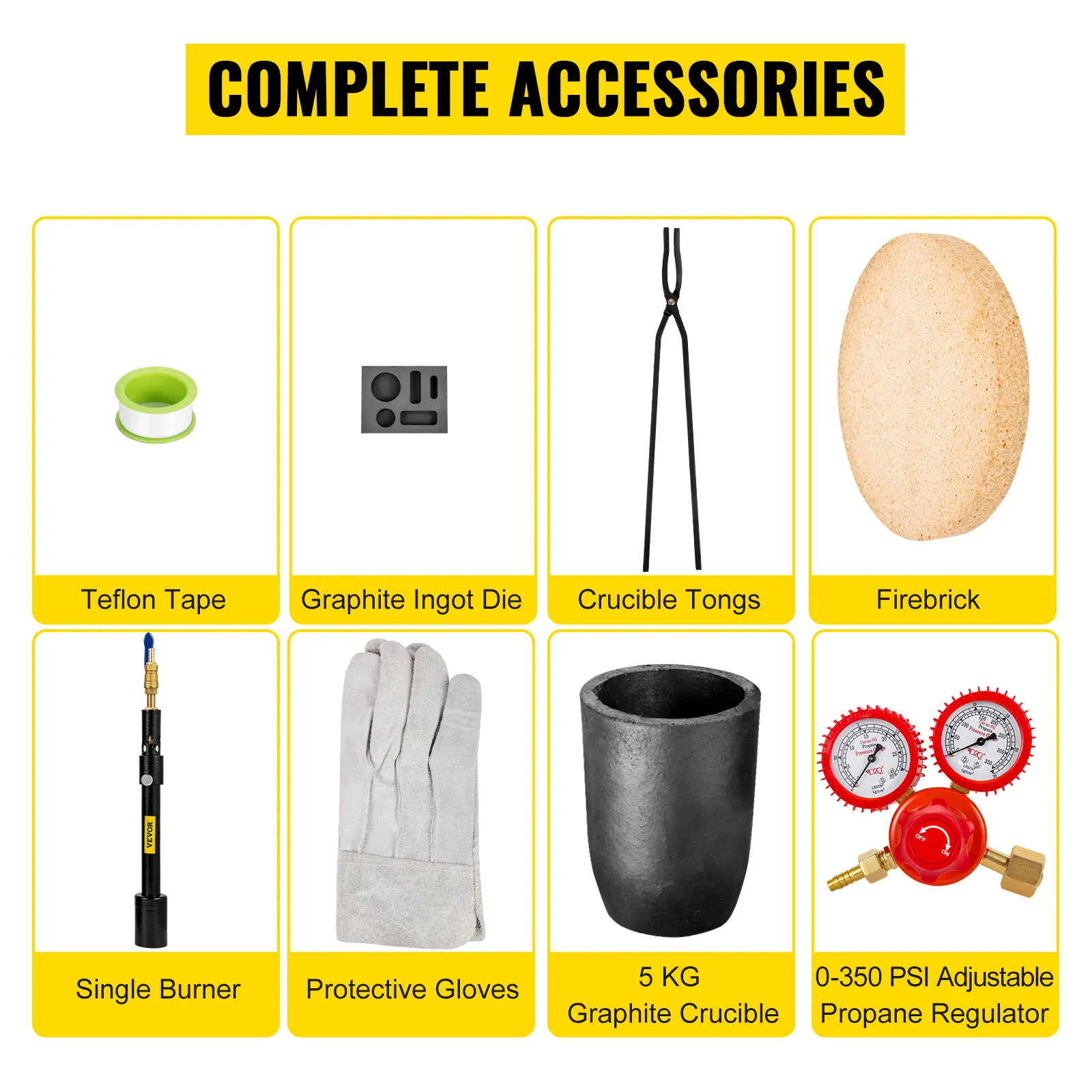 VEVOR propane melting furnace accessories include ingot die, crucible, and tongs.