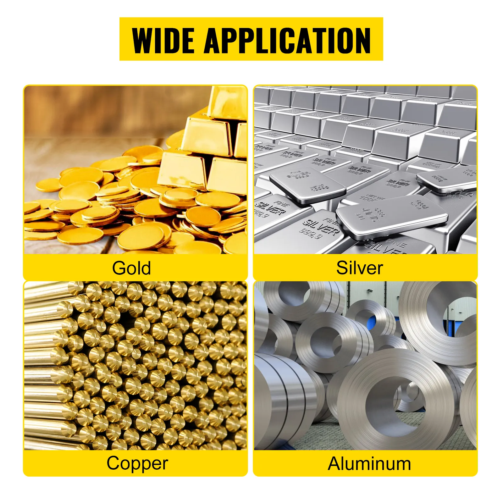 VEVOR propane melting furnace shown melting gold, silver, copper, and aluminum.