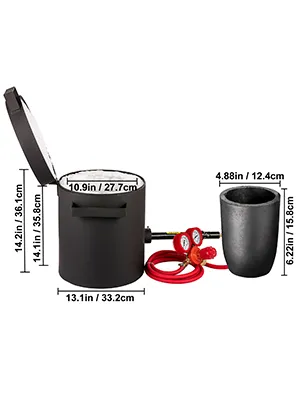 VEVOR propane melting furnace with dimensions and crucible setup