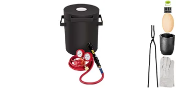 VEVOR propane melting furnace with accessories, including tongs, gloves, and crucible.
