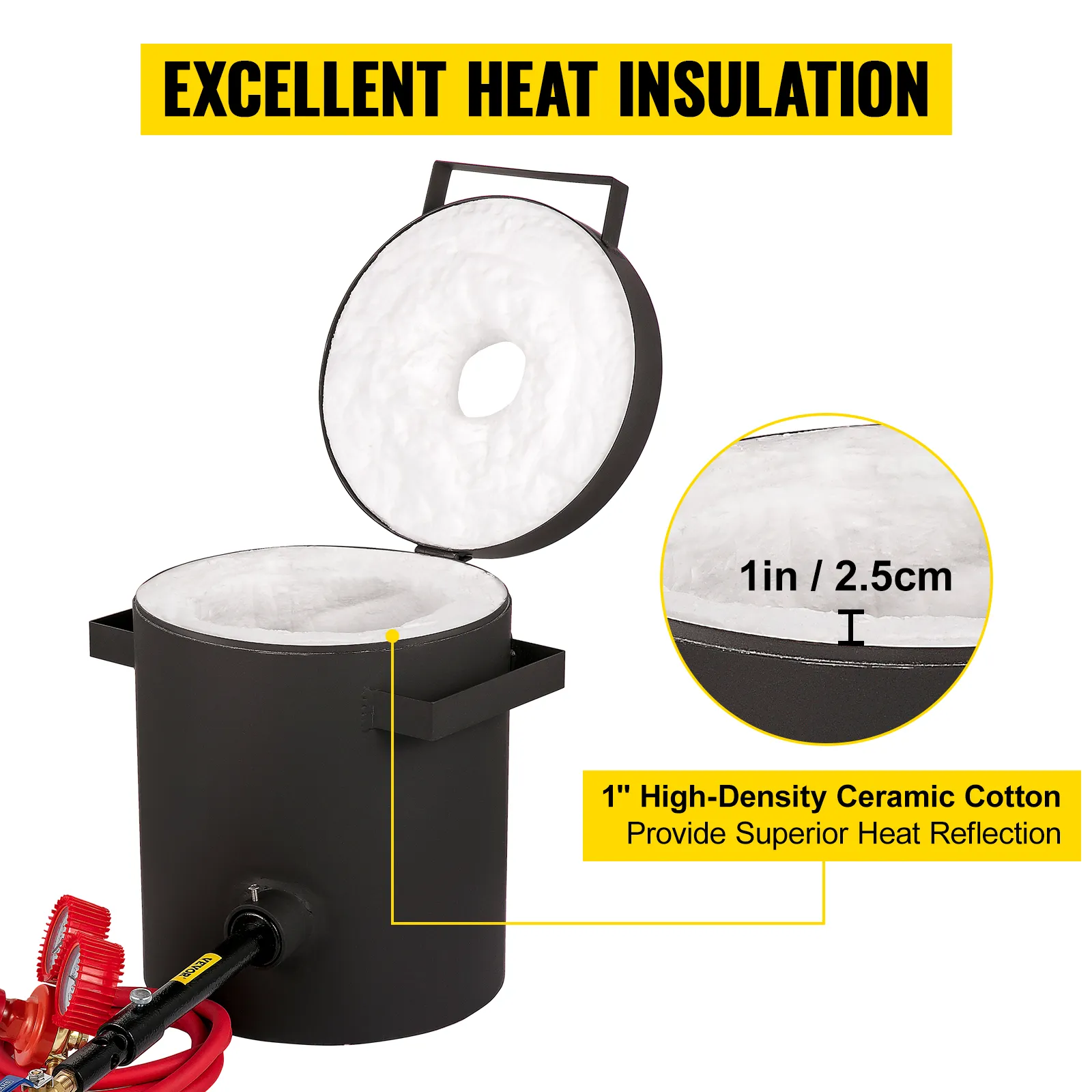 VEVOR propane melting furnace with 1" ceramic cotton for excellent heat insulation.