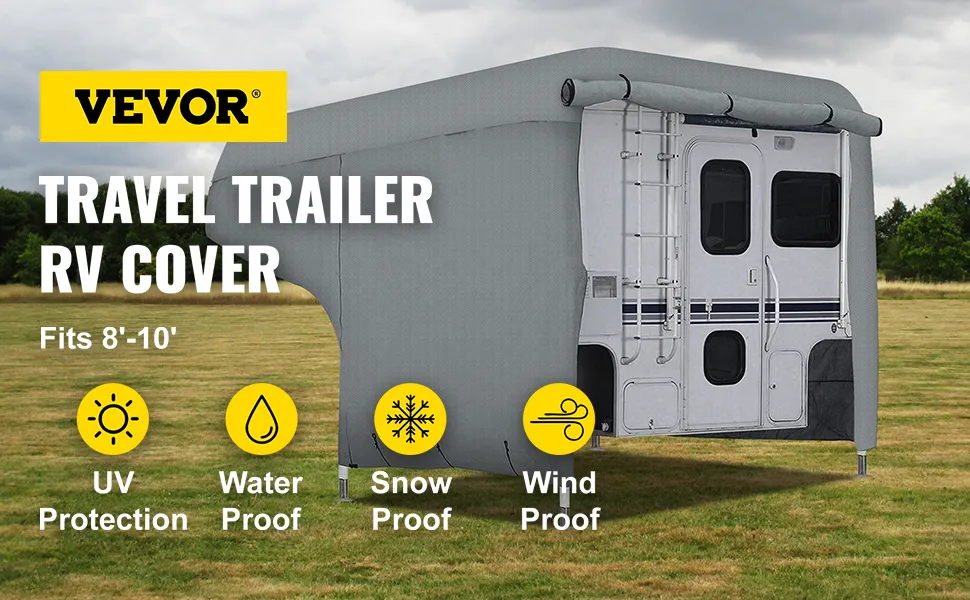 Funda VEVOR para caravana o casa rodante con protección contra rayos UV, agua, nieve y viento. Se adapta a caravanas de entre 8 y 10 pies.