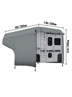 Funda para caravana VEVOR de color gris con dimensiones de 10 pies x 8 pies x 7,8 pies, cubre una caravana.