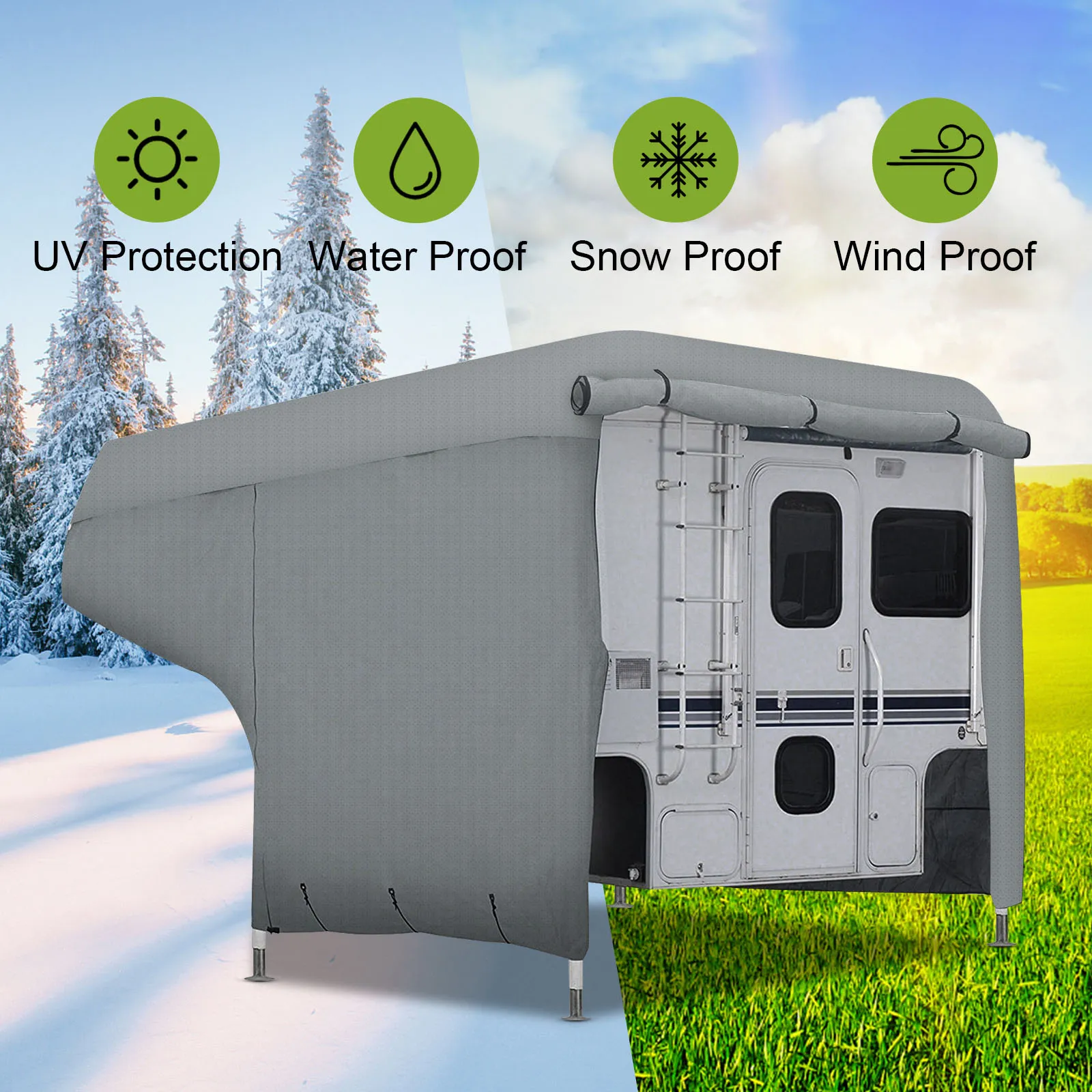 Cubierta para vehículos recreativos VEVOR con características de protección contra rayos UV, agua, nieve y viento.