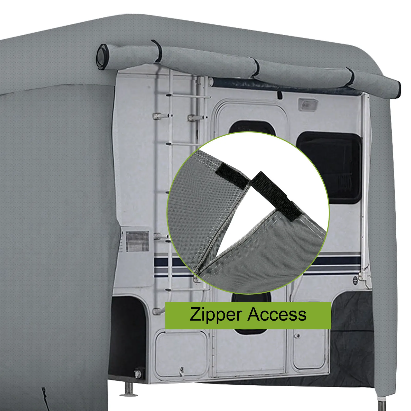 Funda para RV VEVOR con acceso con cremallera en la parte trasera del RV para facilitar el acceso.