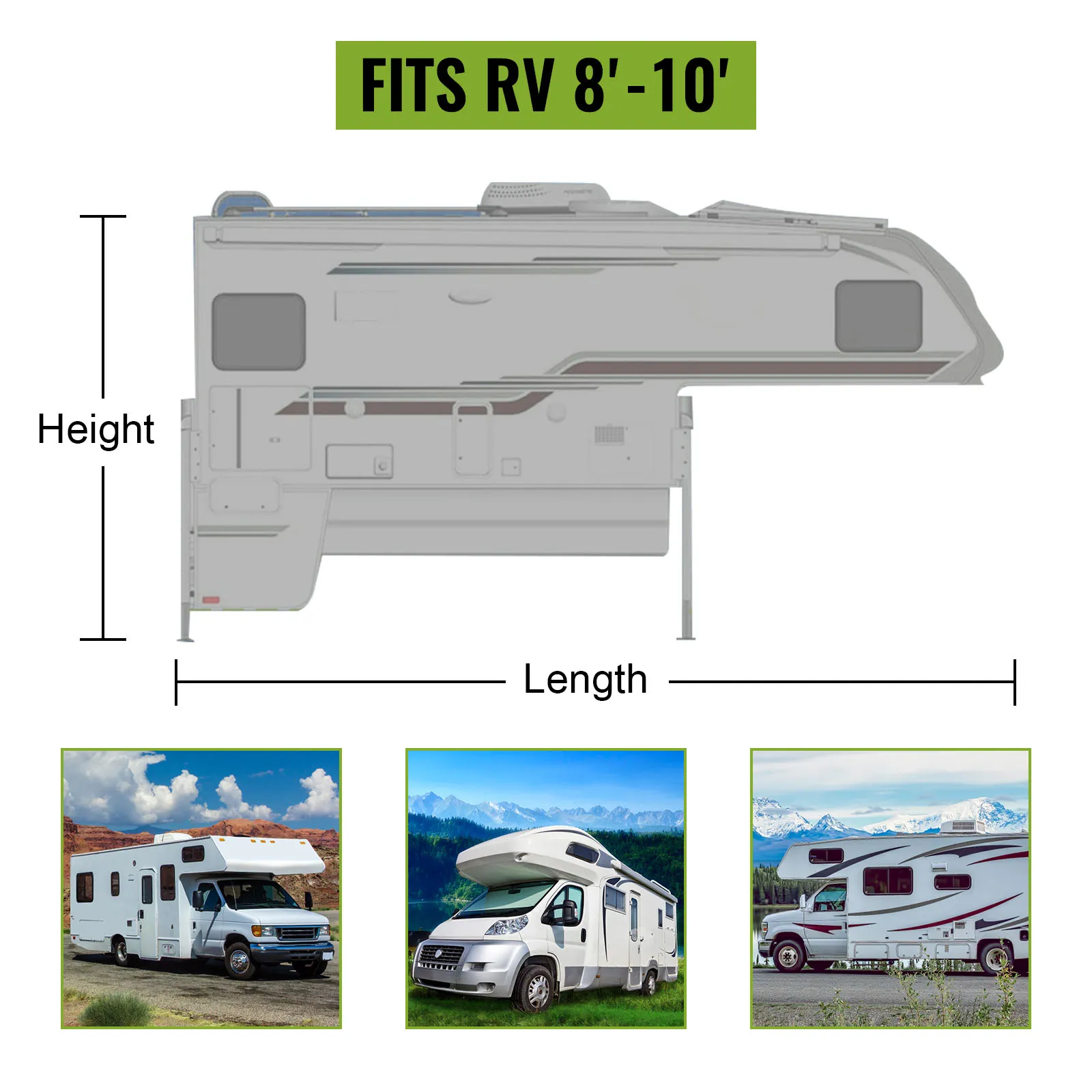 Funda para RV VEVOR para vehículos recreativos de 8' a 10' con imágenes panorámicas y dimensiones de vehículos recreativos.