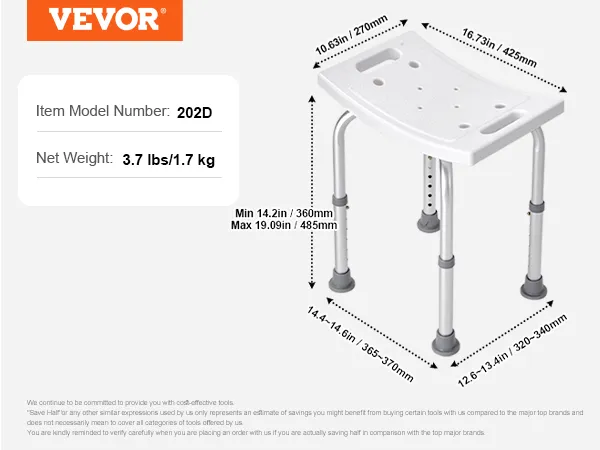 VEVOR shower chair 202d, adjustable height, 3.7 lbs/1.7 kg, dimensions labeled.