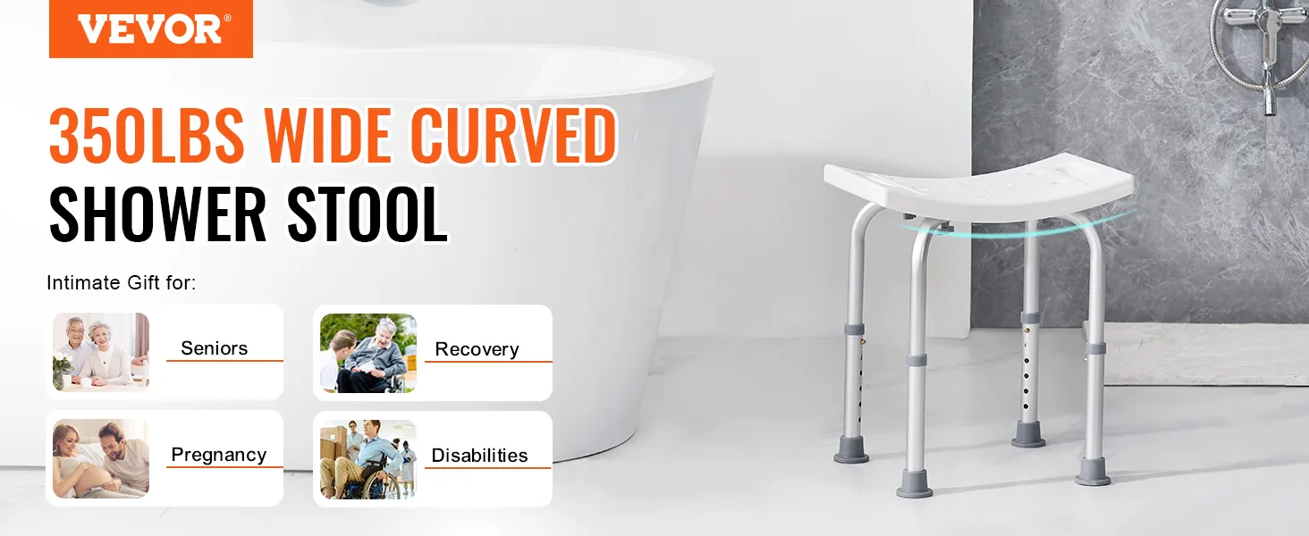 VEVOR shower chair features a 350lbs wide curved design, perfect for seniors, recovery, pregnancy, and disabilities.
