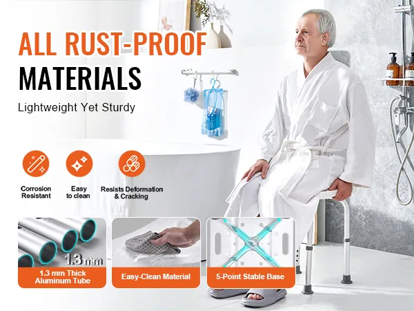 VEVOR shower chair with rust-proof materials, 1.3 mm thick aluminum tube, easy-clean material, 5-point base.