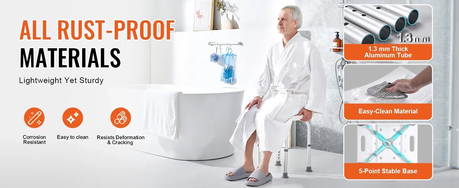 VEVOR shower chair with rust-proof materials, 1.3 mm thick aluminum tube, easy-clean material, 5-point base.
