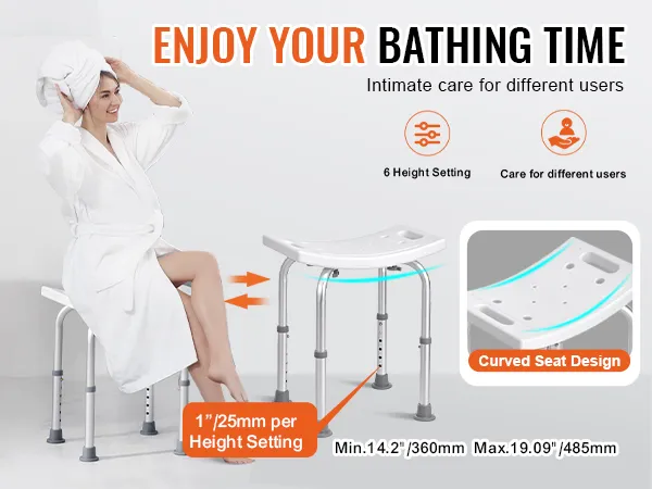VEVOR shower chair with adjustable height and curved seat design for enhanced comfort and support.