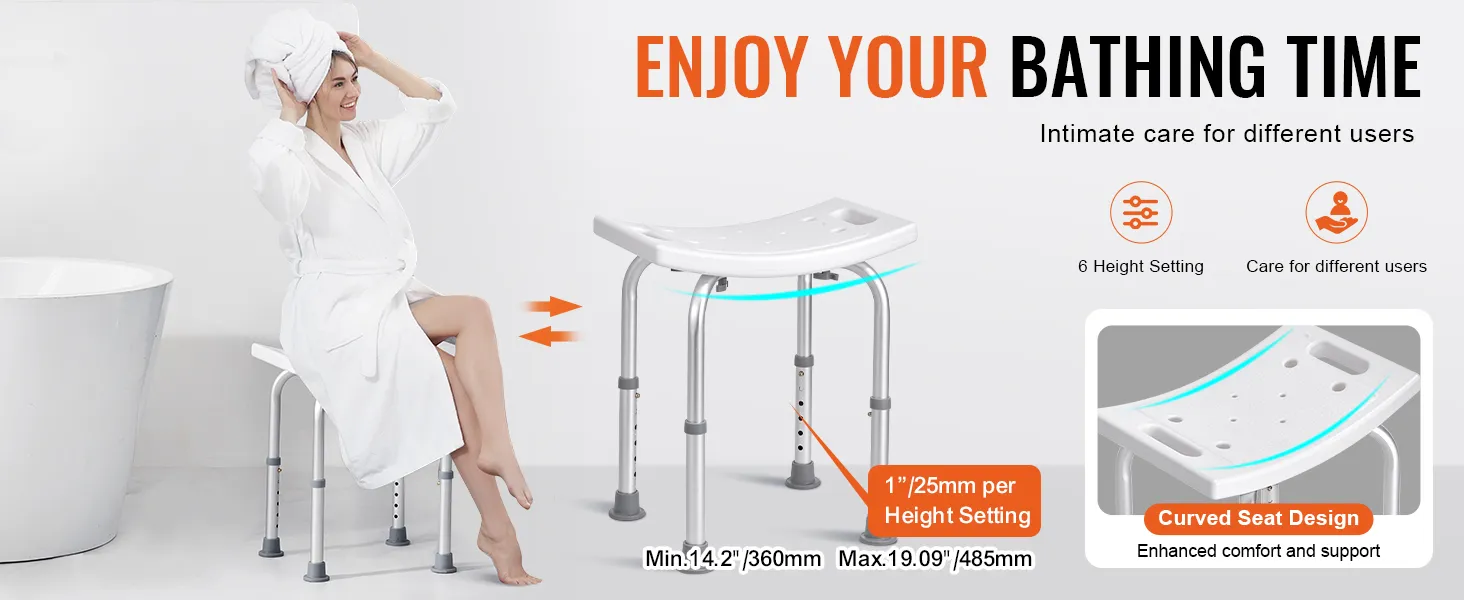 VEVOR shower chair with adjustable height and curved seat design for enhanced comfort and support.