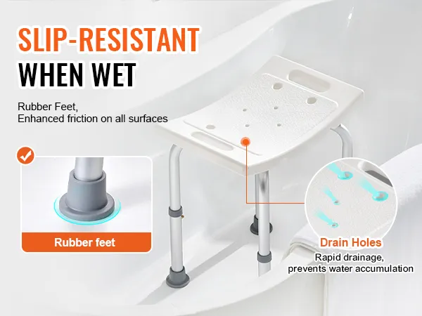 VEVOR shower chair with non-slip rubber feet and drainage holes for enhanced safety and comfort.