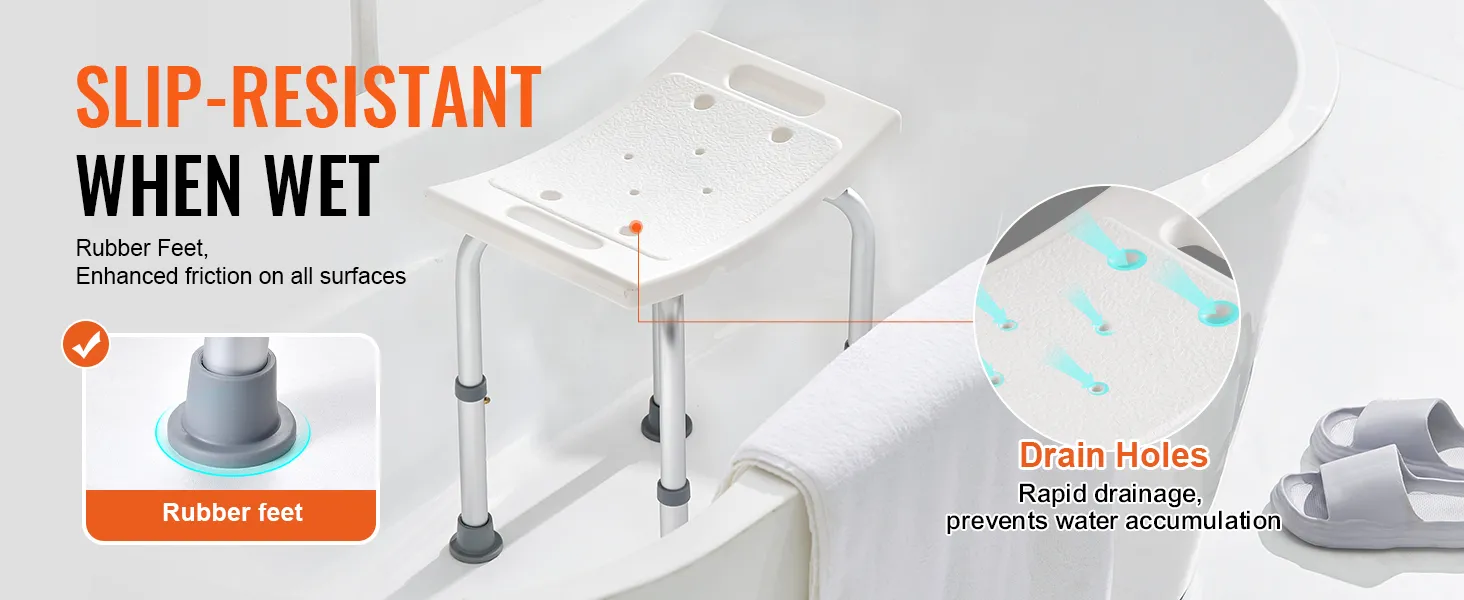 VEVOR shower chair with non-slip rubber feet and drainage holes for enhanced safety and comfort.