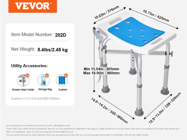 VEVOR douchestoel, model 202d, inclusief douchekophouder, opbergtas en kussen. Gewicht: 2,4 kg.