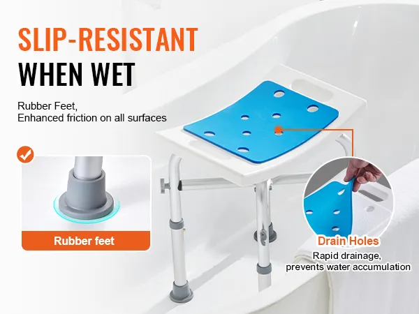 VEVOR douchestoel met antislip rubberen voetjes en afvoergaten voor efficiënte waterafvoer.
