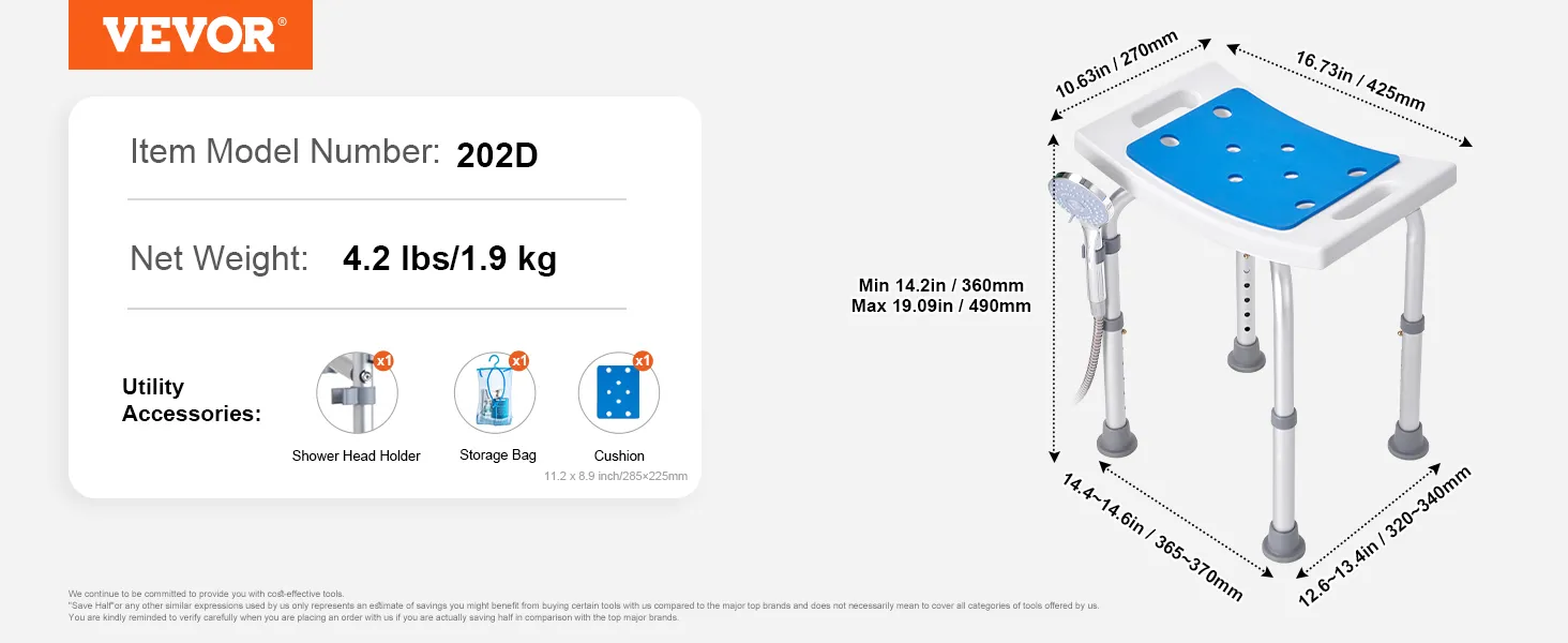 Sedia da doccia VEVOR modello 202d, 4,2 libbre/1,9 kg, con supporto per doccetta, borsa portaoggetti e cuscino.