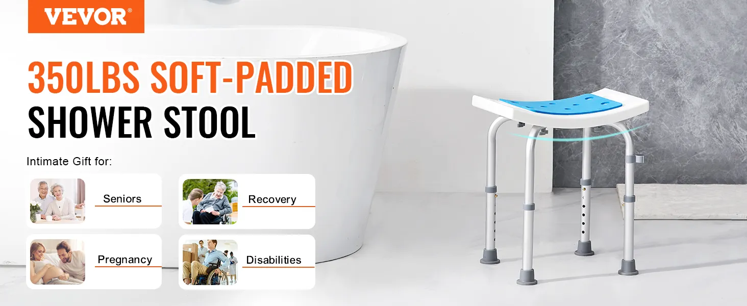 Sedia da doccia VEVOR con capacità di carico di 350 libbre, seduta morbida imbottita, ideale per anziani, pazienti in fase di recupero, gravidanza e disabilità.