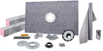 Componentes del kit de bordillos de ducha VEVOR que incluyen bordillos de espuma, desagüe y herramientas de instalación.