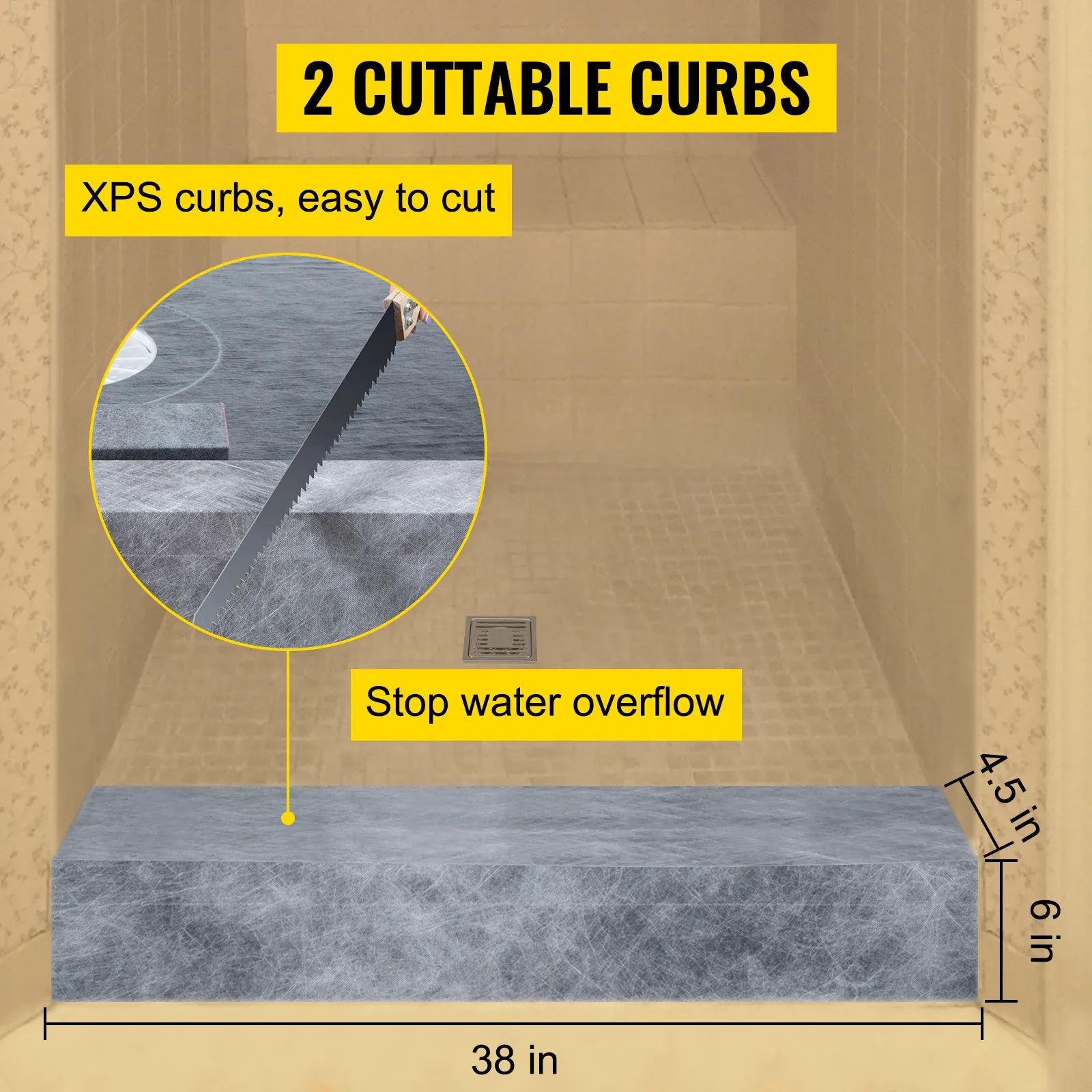 Kit de bordillo de ducha VEVOR con dos bordillos XPS cortables para evitar el desbordamiento de agua.