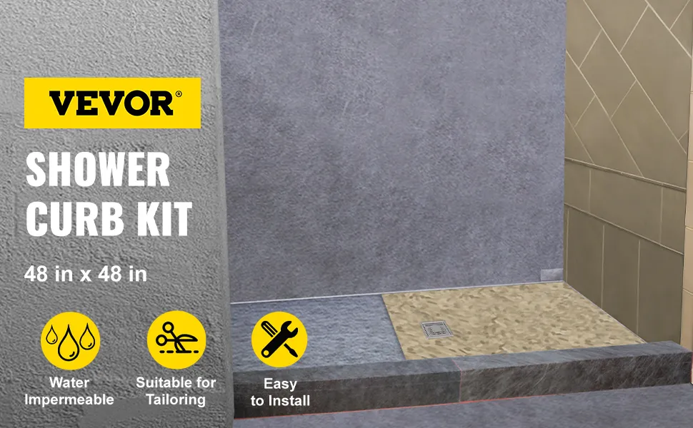 VEVOR shower curb kit, 48x48 in, water impermeable, easy to install, and customizable.