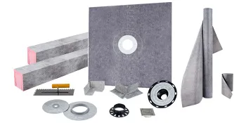VEVOR shower curb kit with waterproof membrane, drain, and accessories.