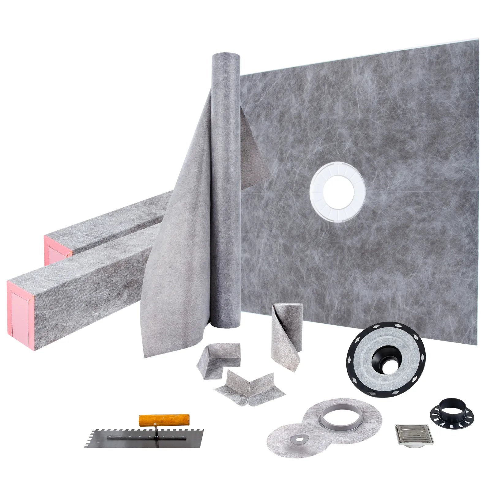VEVOR shower curb kit with waterproofing membrane, drain, and installation tools.