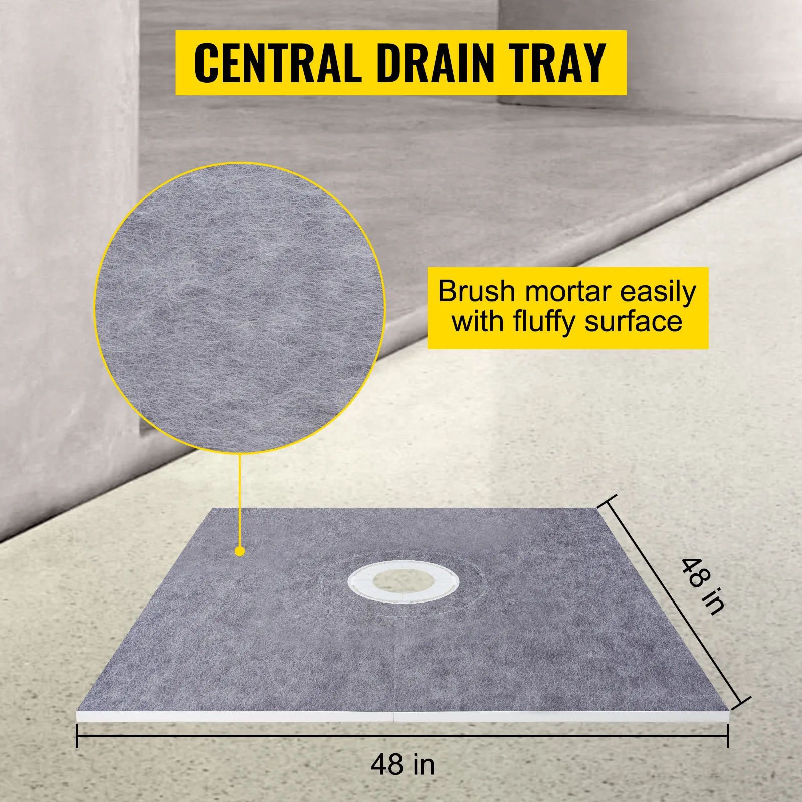 VEVOR shower curb kit with central drain tray, fluffy surface for easy mortar brushing.