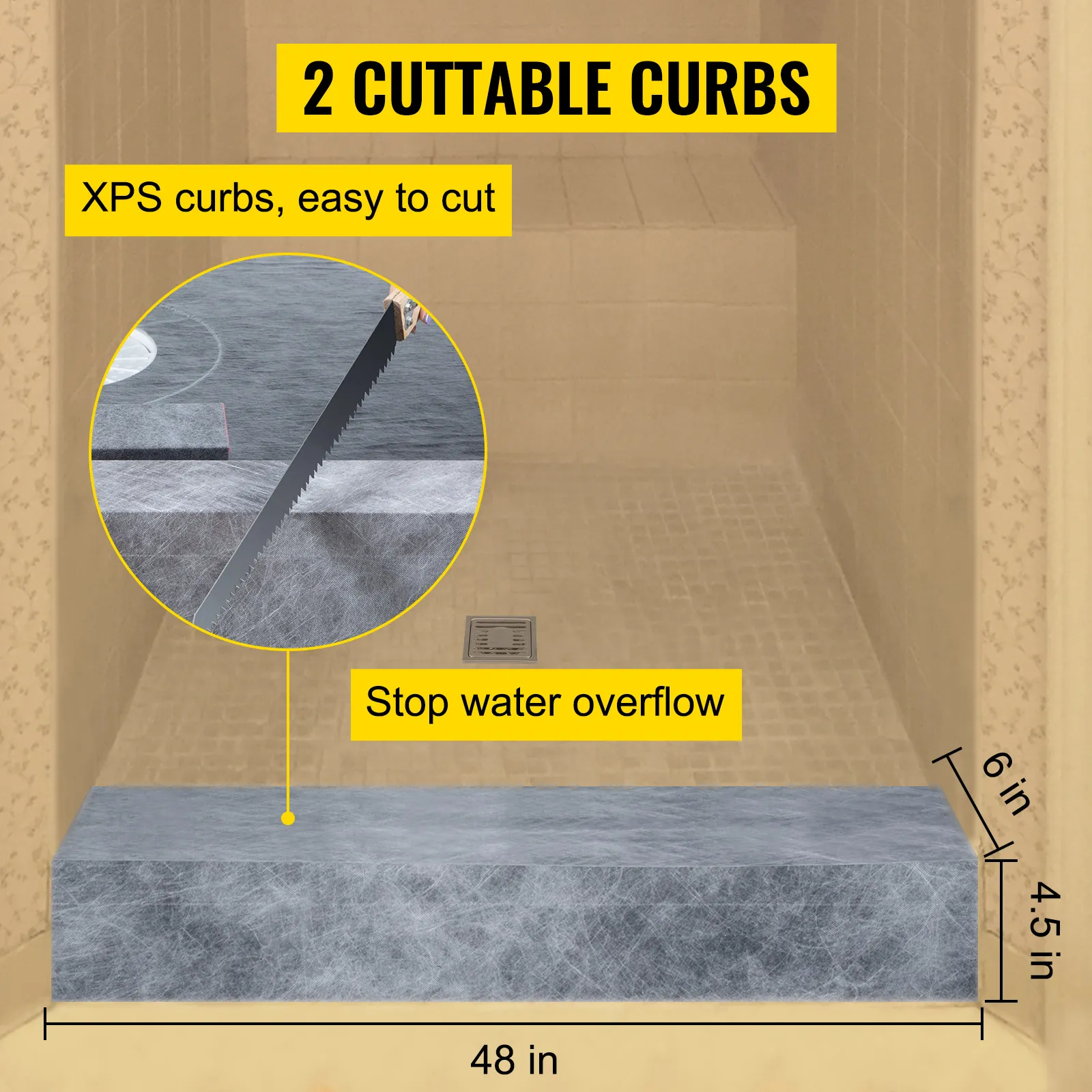 VEVOR shower curb kit with two cuttable xps curbs to stop water overflow, size 48x4.5x6 inches.