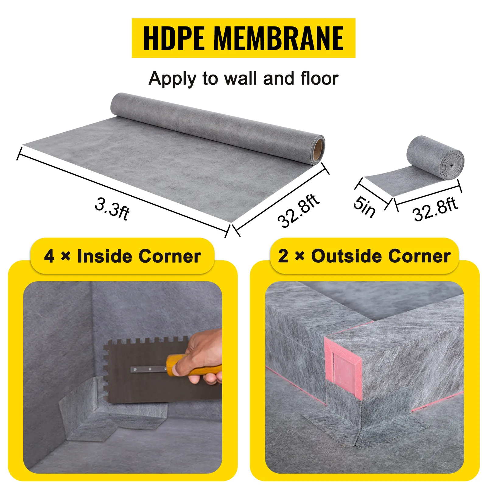 VEVOR doucherandset met HDPE-membraan, binnen- en buitenhoekstukken.